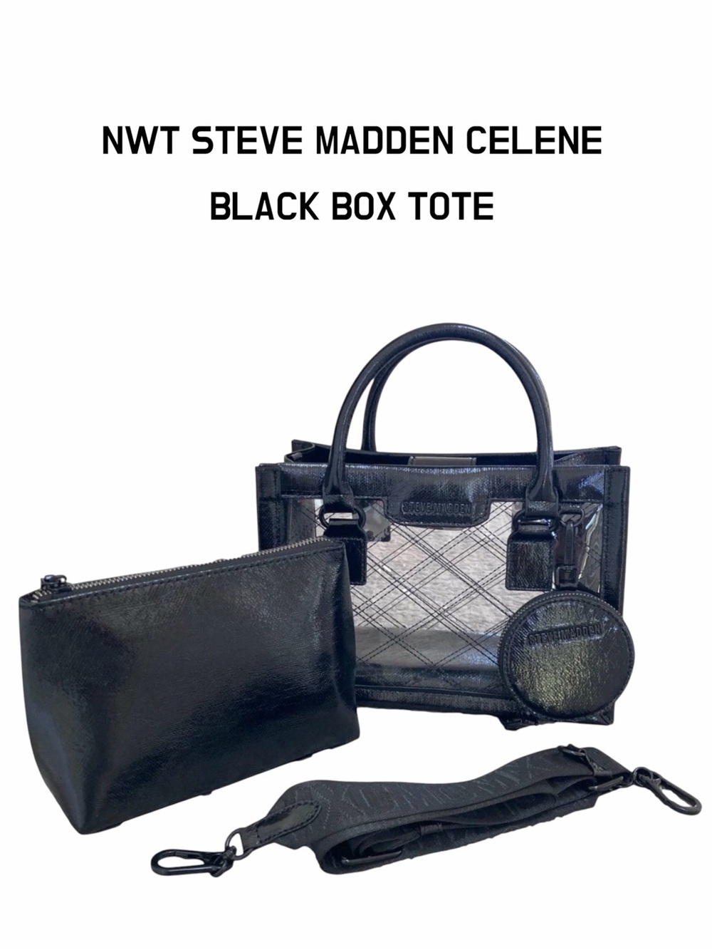 🌼NWT:Steve Madden Black Clear Panel Box Tote with Pouch & Strap